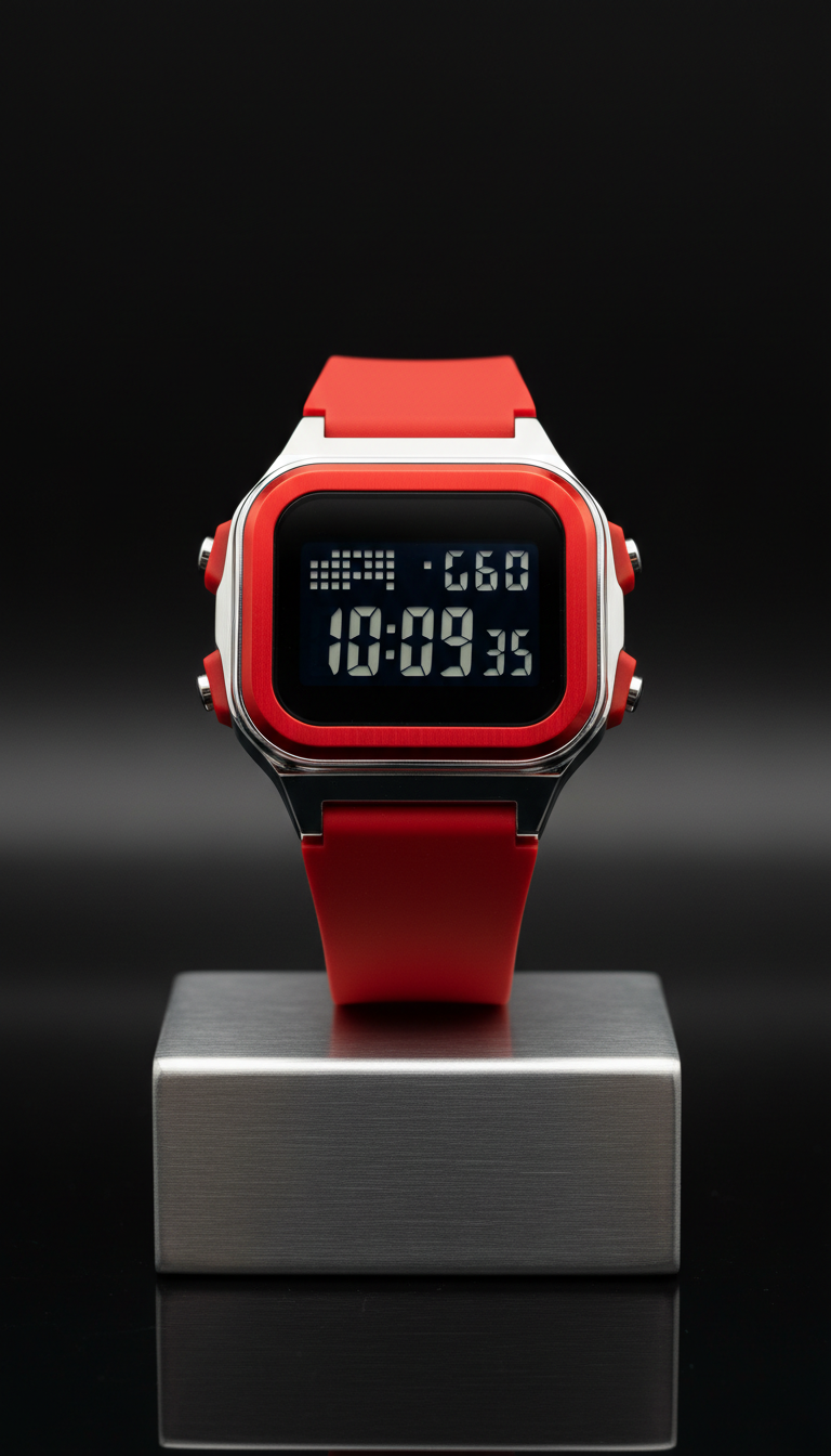 Digitale Uhr Signalrot mit Chromakzenten